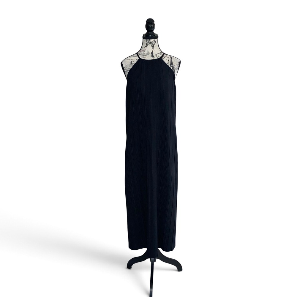 A New Day Maxi Dress Women XL Black Plisse Pleated Halter Neck Keyhole Tie Back